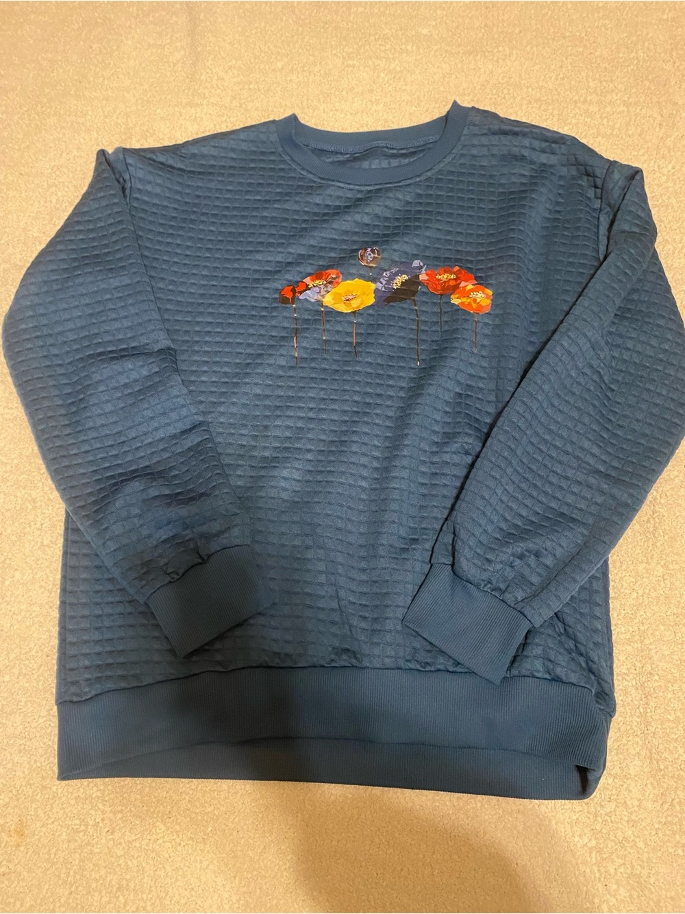 Quilted Blue Crewneck Sweater with Floral Embroidery